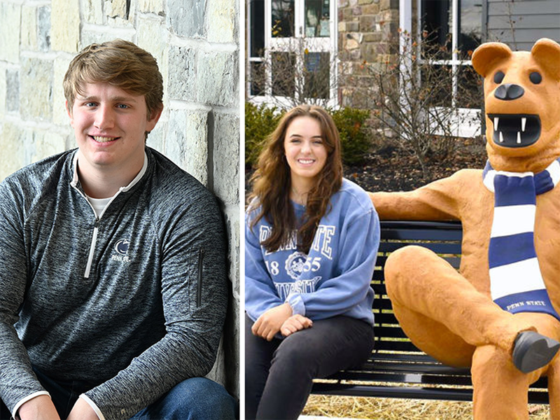 A split image of a man at left and a woman on a bench with the Nittany Lion at right