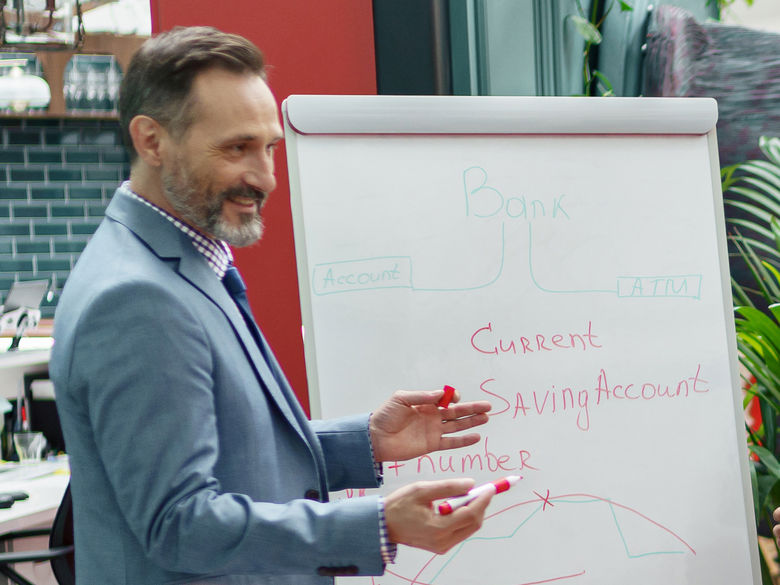a businessman standing in front of a flip chart making a presentation