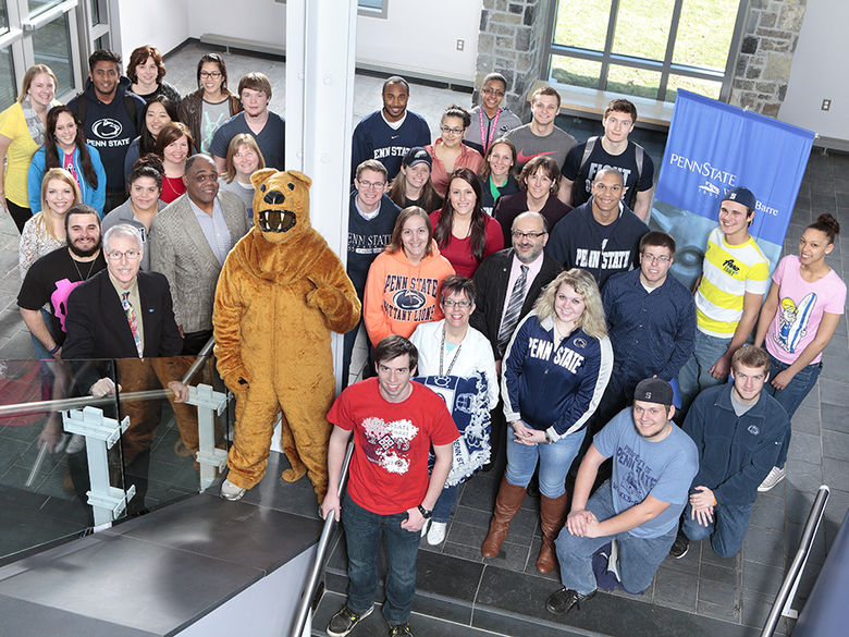 a large group of smilling Penn State Wilkes-Barre students, faculty, staff, and the Nittany Lion mascot